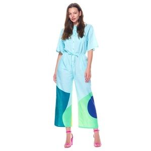 The Kit Issa Jumpsuit in Aqua Paper Cut 0/XS